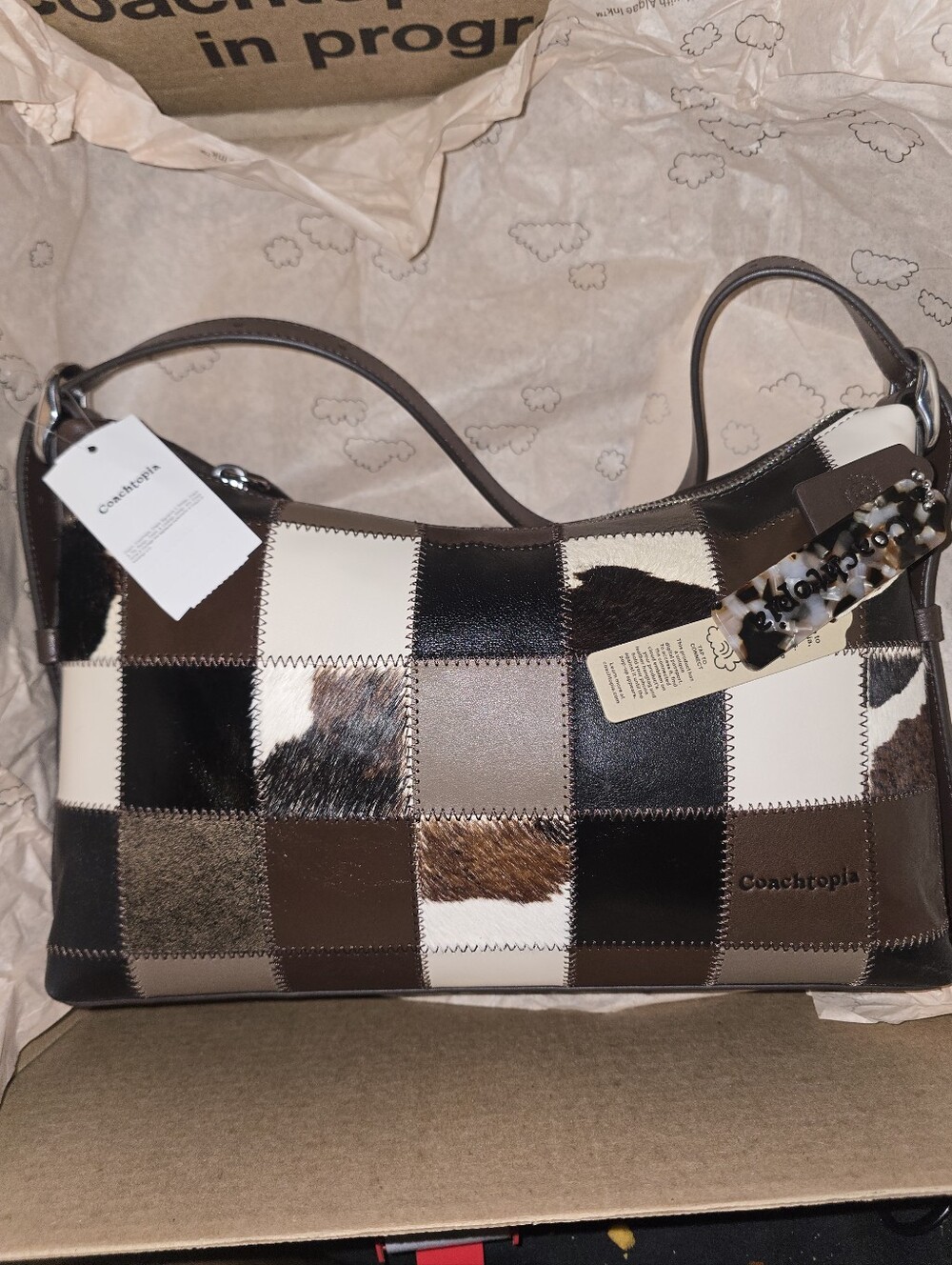 Patchwork Leather Hobo Coach Bag in Brown & Cream